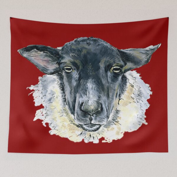 Item preview, Suffolk Sheep. A sketch in acrylic by Jane Green. Red Background. designed and sold by janesg.