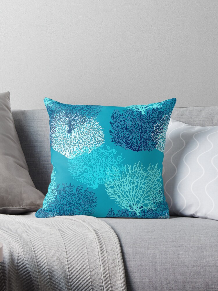 Print Turquoise Blue Pillows Fan Coral Print, Turquoise, Aqua And