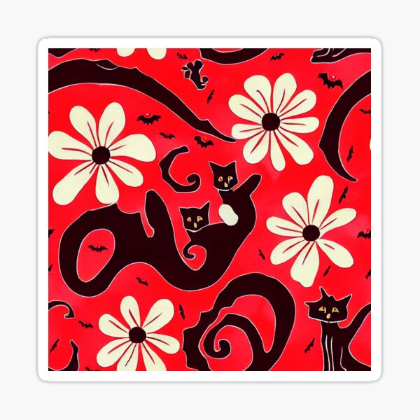 Halloween Pumpkin Flower Pattern And Black Cat Red Background halloween-pumpkin-flower-pattern-and-black-cat-red-background