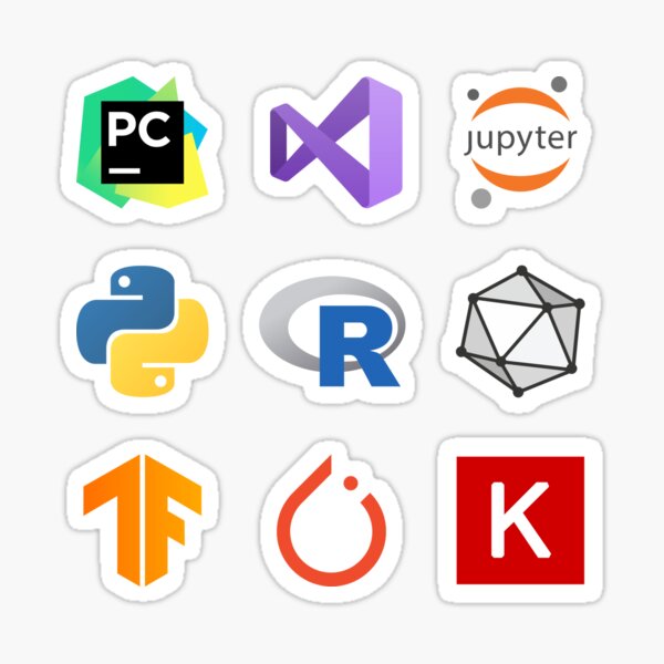 ☆ PyCharm, Visual Studio (VS), Jupyter, Python, R (Language), ONNX,  TensorFlow, PyTorch, Scikit Learn - 9x Sticker Combo Pack