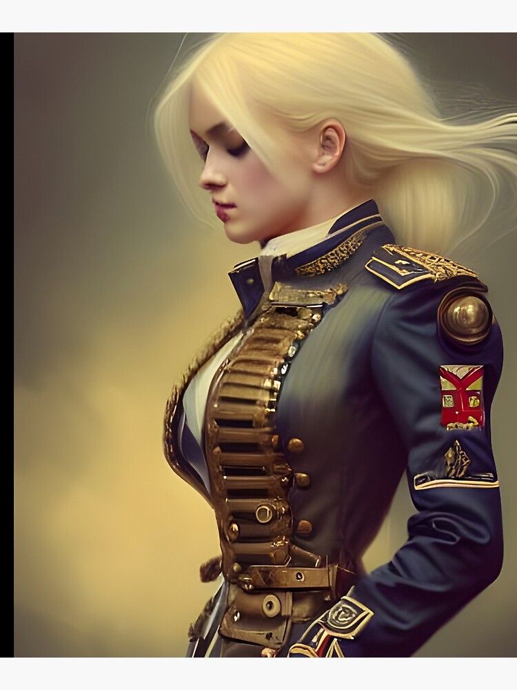 Beautiful blonde steampunk Officer in Military Uniform Mounted