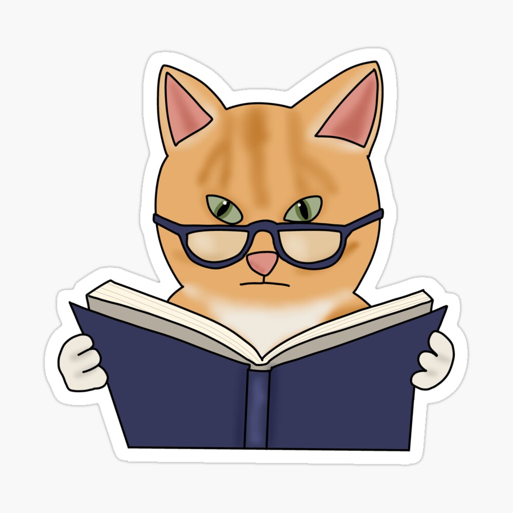 Cat in glasses reading book (fluffy orange cat)