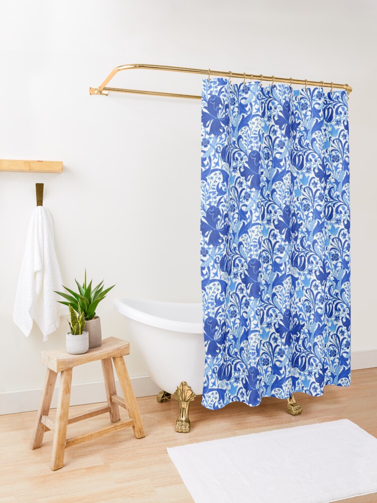 Alternate view of William Morris Iris and Lily, Cobalt Blue Shower Curtain