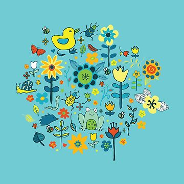 Artwork thumbnail, Ducks and Frogs in the Garden - Aqua and Lemon - floral pattern by Cecca Designs by Cecca-Designs