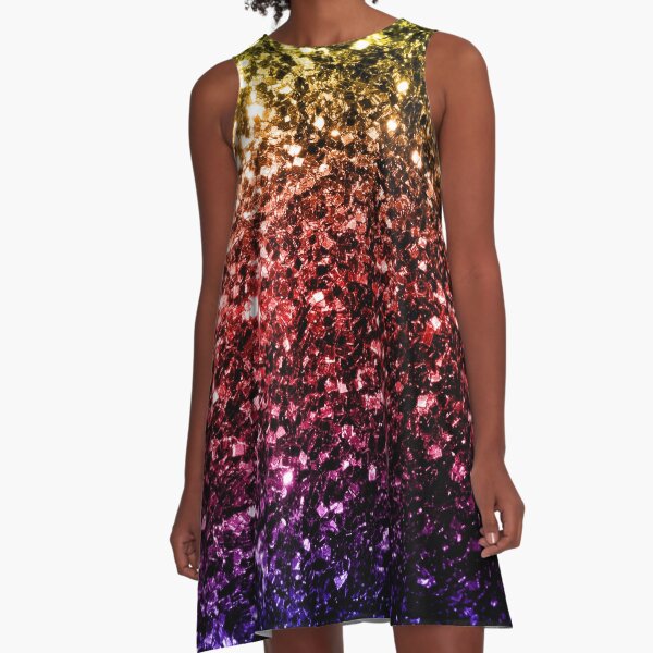 Rainbow yellow red purple colorful faux sparkles A-Line Dress