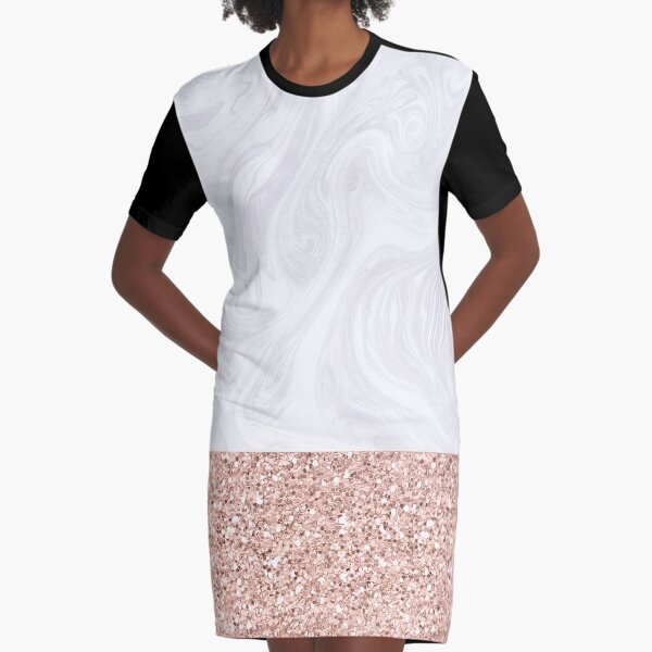 Modern White Marble with Rose Gold Glitter Texture Graphic T-Shirt Dress