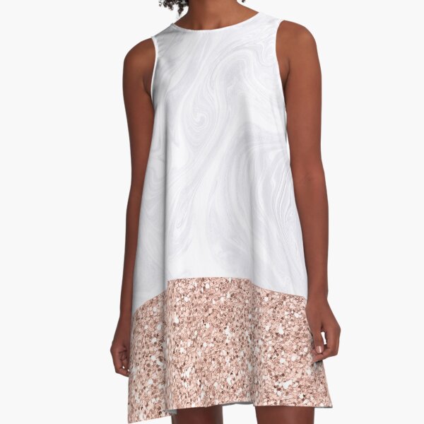 Modern White Marble with Rose Gold Glitter Texture A-Line Dress