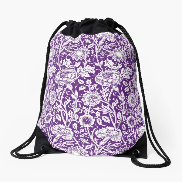William Morris Carnations | Purple and White Floral Pattern | Flower Patterns | Vintage Patterns | Classic Patterns | Drawstring Bag