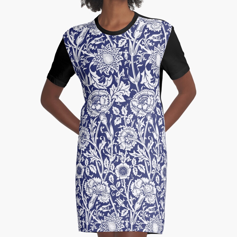 William Morris Carnations | Navy Blue and White Floral Pattern | Flower Patterns | Vintage Patterns | Classic Patterns | Graphic T-Shirt Dress
