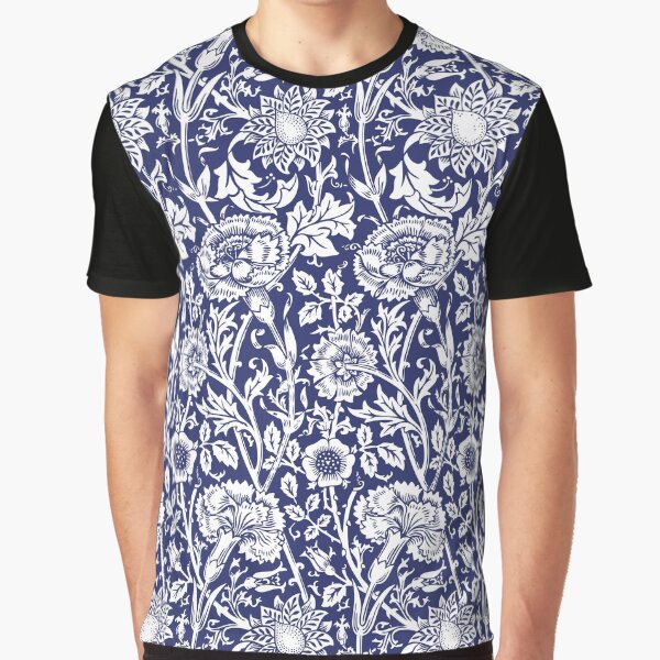 William Morris Carnations | Navy Blue and White Floral Pattern | Flower Patterns | Vintage Patterns | Classic Patterns | Graphic T-Shirt