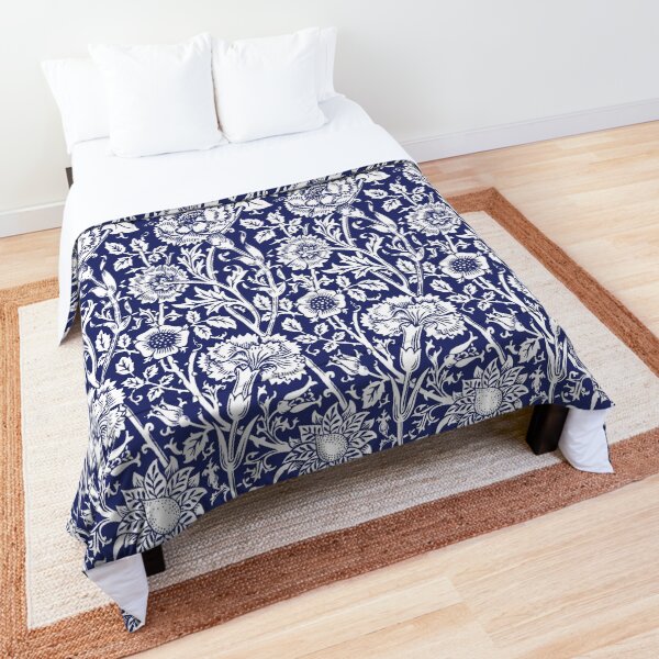 William Morris Carnations | Navy Blue and White Floral Pattern | Flower Patterns | Vintage Patterns | Classic Patterns | Comforter