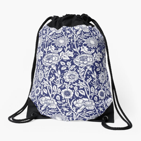 William Morris Carnations | Navy Blue and White Floral Pattern | Flower Patterns | Vintage Patterns | Classic Patterns | Drawstring Bag