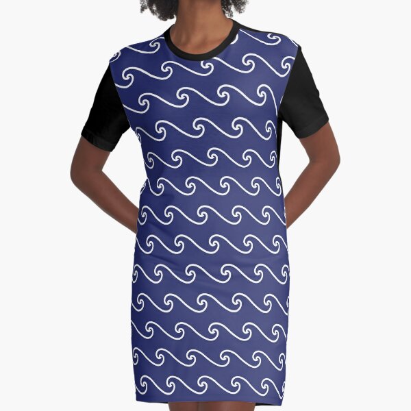 Wave Pattern | Abstract Waves | Nautical Patterns | Ocean Waves | Navy Blue and White |  Graphic T-Shirt Dress