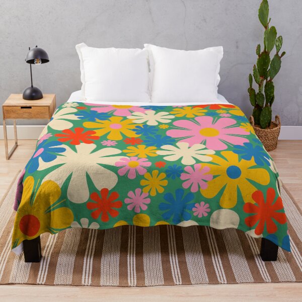 Item preview, Retro Flowers 60s 70s Aesthetic Colorful Floral Pattern in Pop Green Blue Pink Red Mustard Yellow Cream designed and sold by kierkegaard.