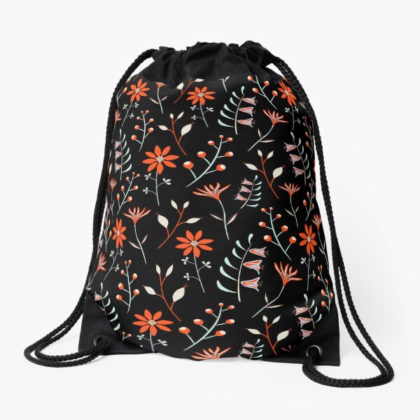 Orange Boho Floral Pattern Drawstring Bag