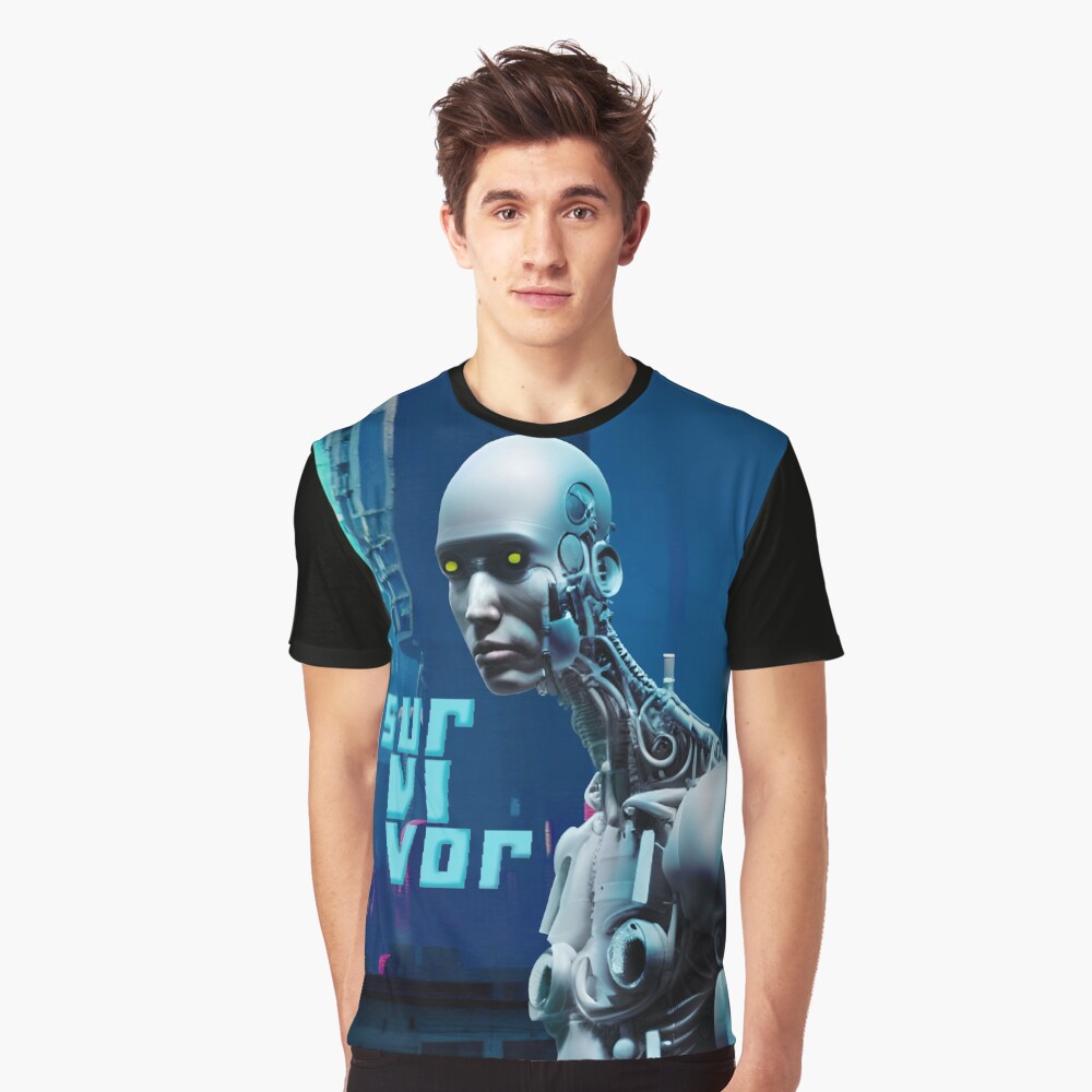 Cyborg Survivor Humanoid Robot in Nuclear City Destruction Graphic T-Shirt