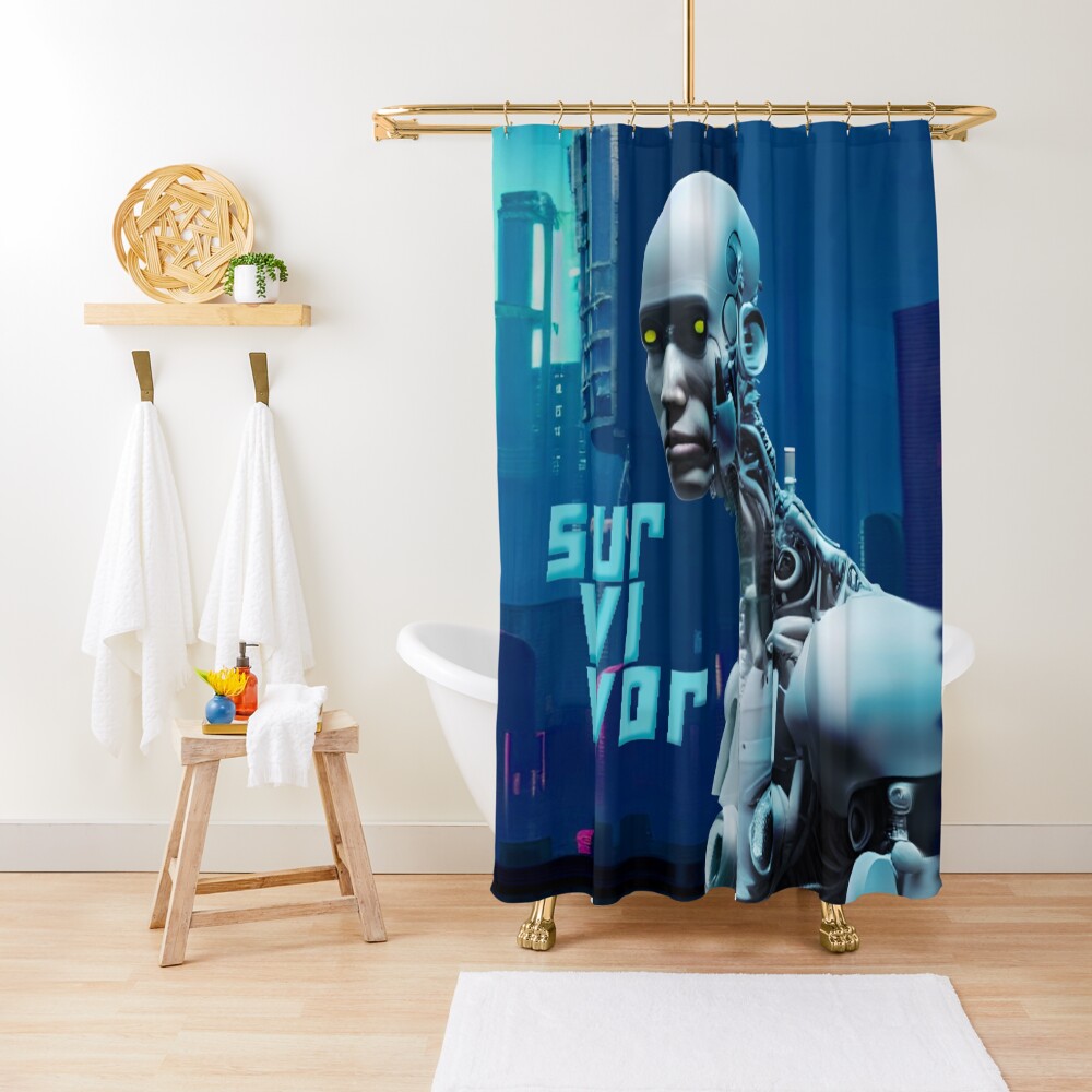 Cyborg Survivor Humanoid Robot in Nuclear City Destruction Shower Curtain