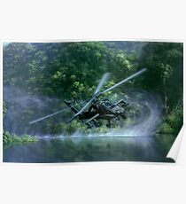 Military apache helicopter gunship flying close to the river Poster