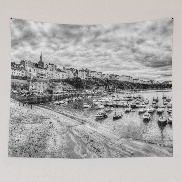 Item preview, Tenby Harbour Panorama, Pembrokeshire, Wales, Black And White designed and sold by Paul Thompson Photography.