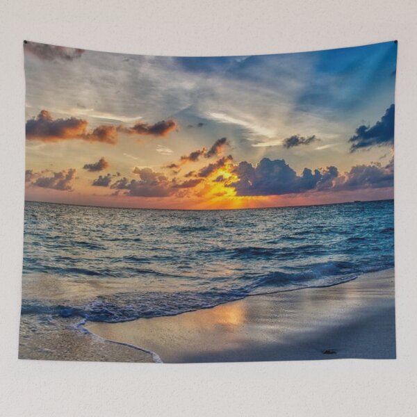 Item preview, Magical sunset on the beach with blue waves designed and sold by Durgaa D.