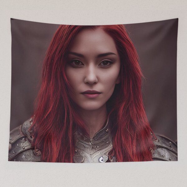 Item preview, Portrait of Beautiful Red Haired Female Warrior - AI Artwork designed and sold by BRaiNDEDprints.
