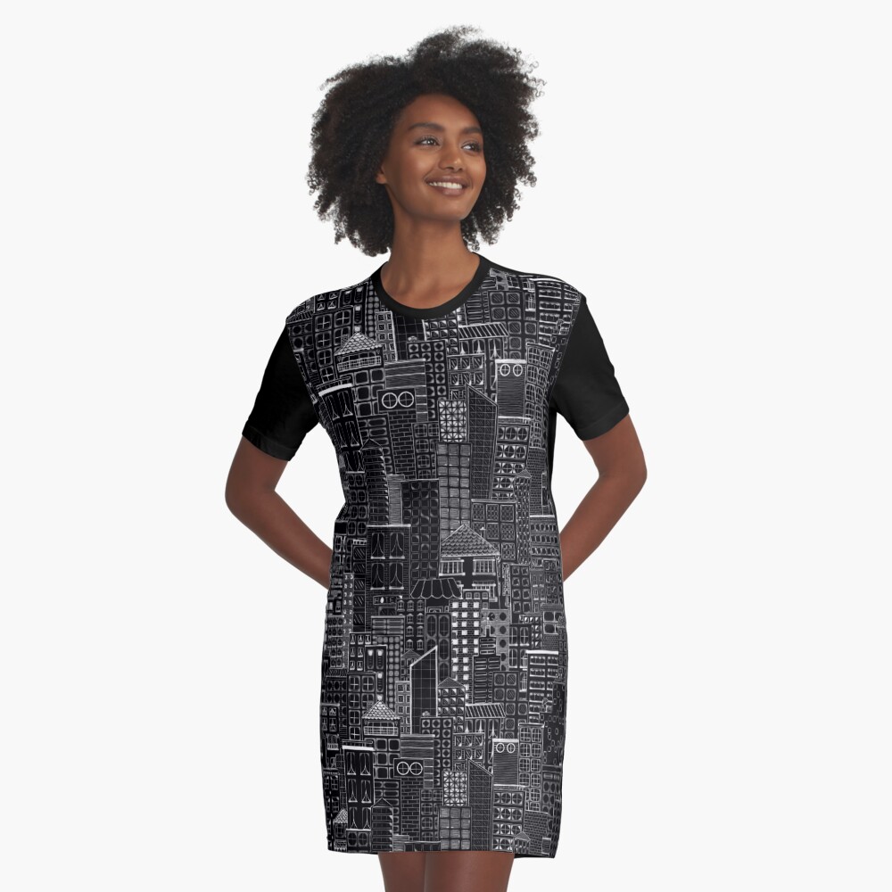 City Doodle Night Graphic T-Shirt Dress