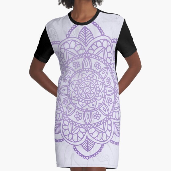 Lavender Mandala on White Marble Graphic T-Shirt Dress