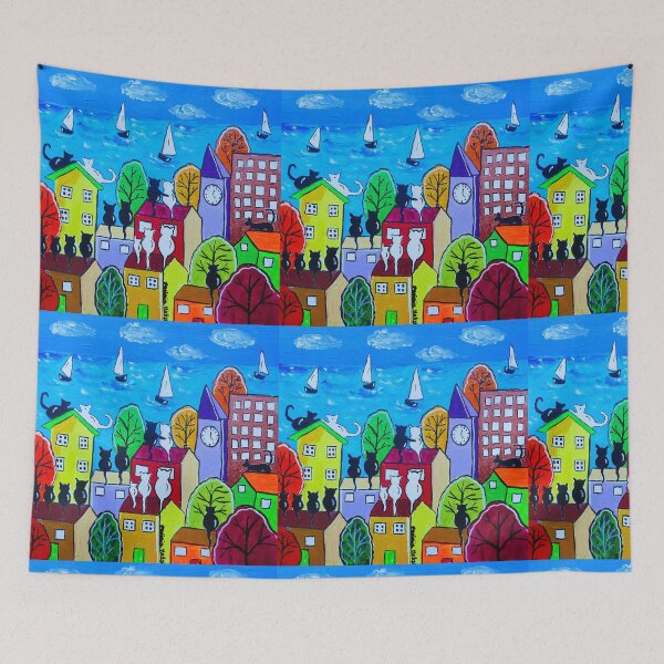 Item preview, Cats on colourful houses by the sea designed and sold by Casimirasart.