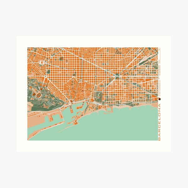 Barcelona Stadtplan mediterránea Kunstdruck