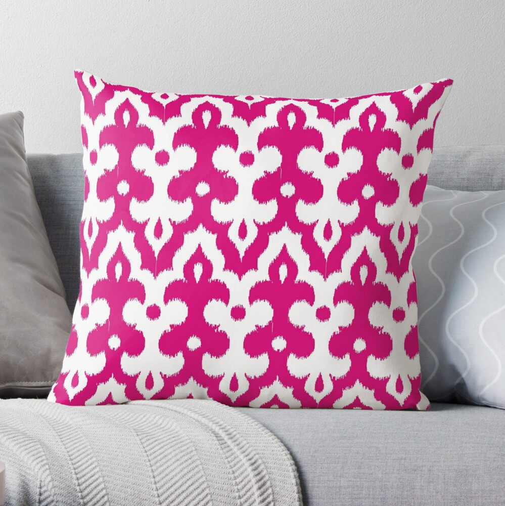 Ikat Floral Damask - Fuchsia and Pale Pink Throw Pillow