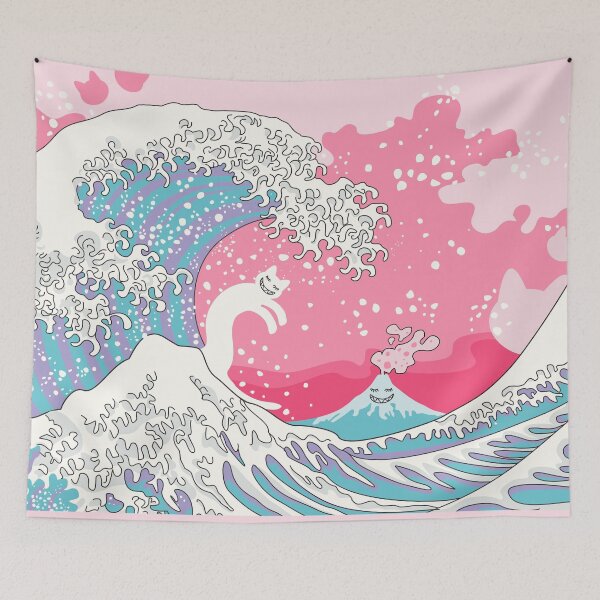 Aperçu de l'œuvre Chat surfeur psychodélique Bubblegum Kunagawa créée et vendue par XOOXOO.