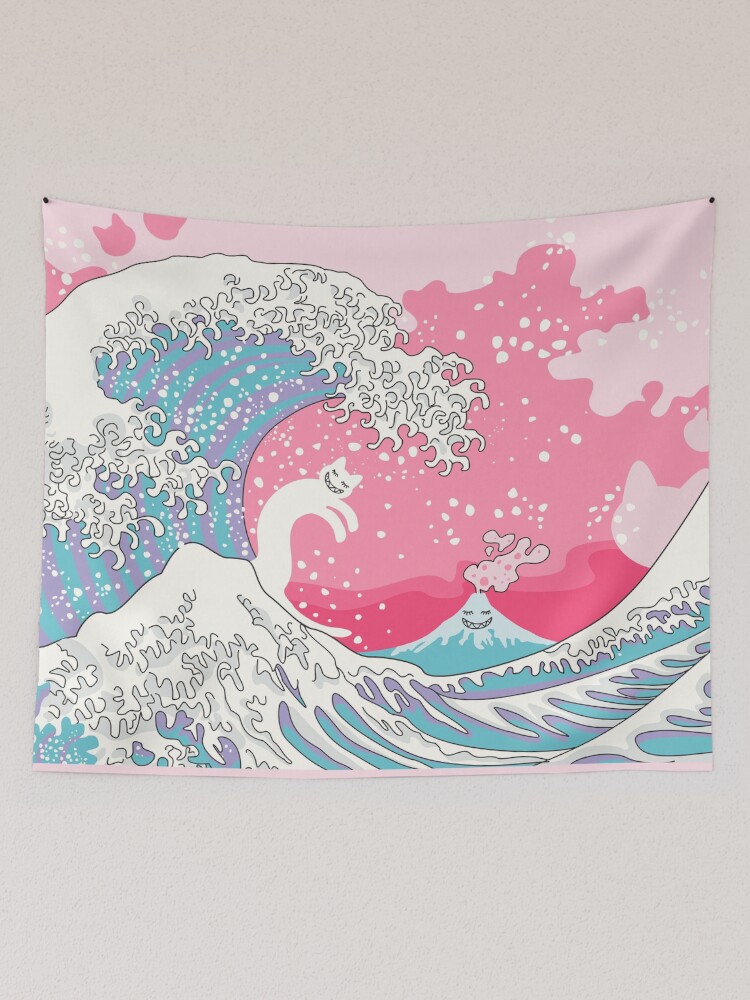 Thumbnail 2 of 3, Tapestry, Psychodelic Bubblegum Kunagawa Surfer Cat designed and sold by XOOXOO.