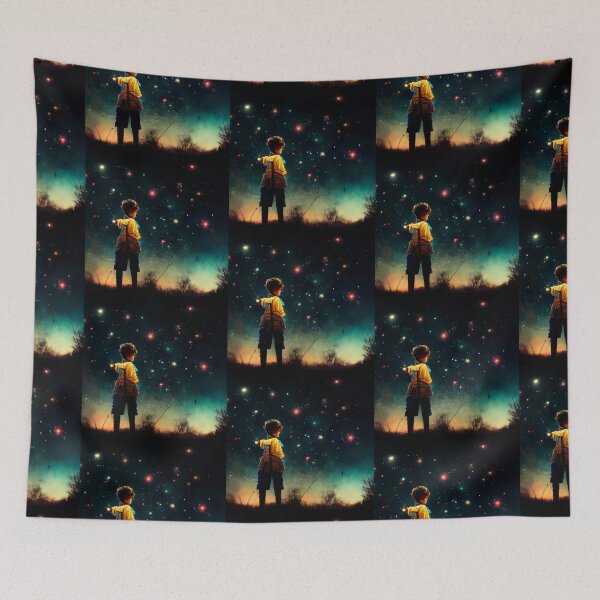Item preview, a boy with a yellow raincoat gazing into the night sky designed and sold by ElMafioso1000.