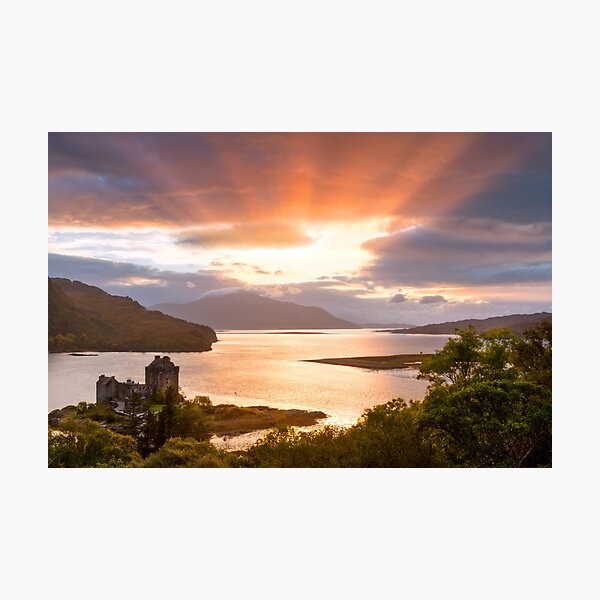 Eilean Donan Castle Sunset Sunbeams Carr Brae Scotland. Photographic Print