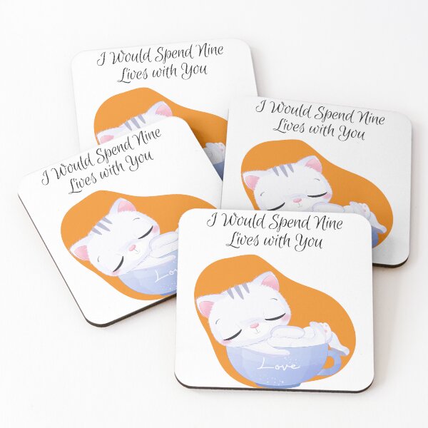 Item preview, I would spend nine lives with you - White kitty cartoon in a cup - cat - orange abstract background - unicat - cartoon aesthetic - Adorable designed and sold by Mechanical-Artt.