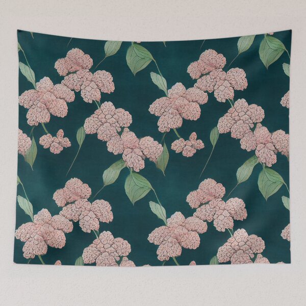 Item preview, Pink Hydrangeas on Dark Green Floral Chiyogami Pattern designed and sold by kansaikate.