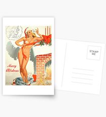 Pin up sexy blond girl coming from the mail bag with Christmas message Postcards