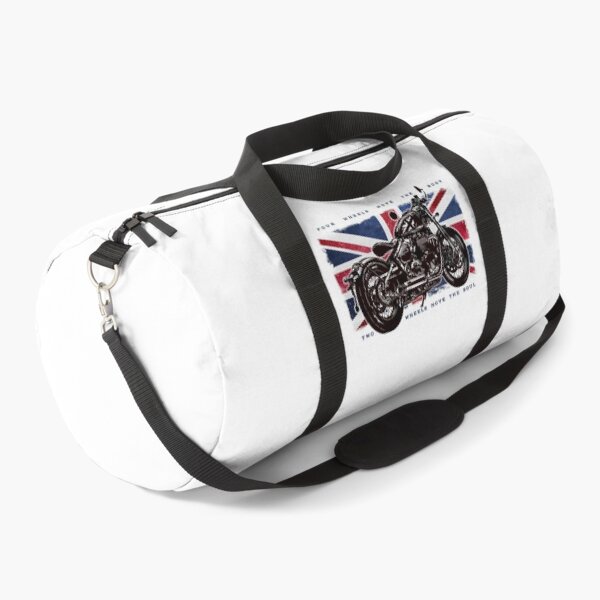 Artikelvorschau, Vier Räder bewegen den Körper, zwei Räder bewegen die Seele, Sportaufkleber Mechaniker-T-Shirt, Adventure Rider Custom Motorrad-Poster, britische Flagge, Großbritannien entworfen und verkauft von SW Longwave.