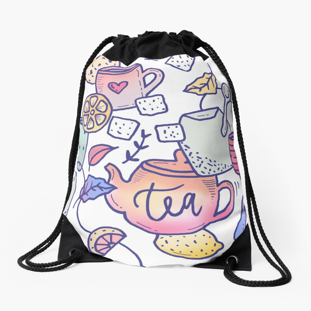Tea and Cookies Doodle Art Drawstring Bag
