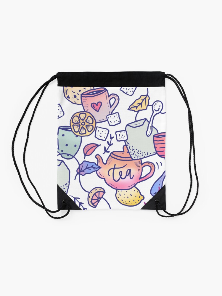 Alternate view of Tea and Cookies Doodle Art Drawstring Bag