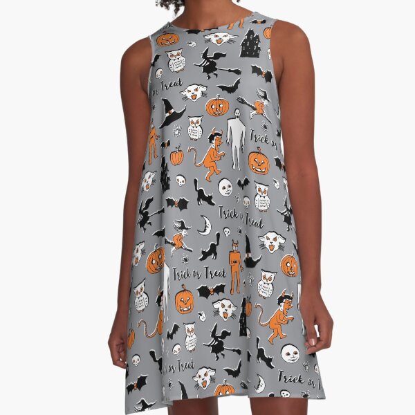 Retro Trick or Treat - Grey - Halloween pattern by Cecca Designs A-Line Dress