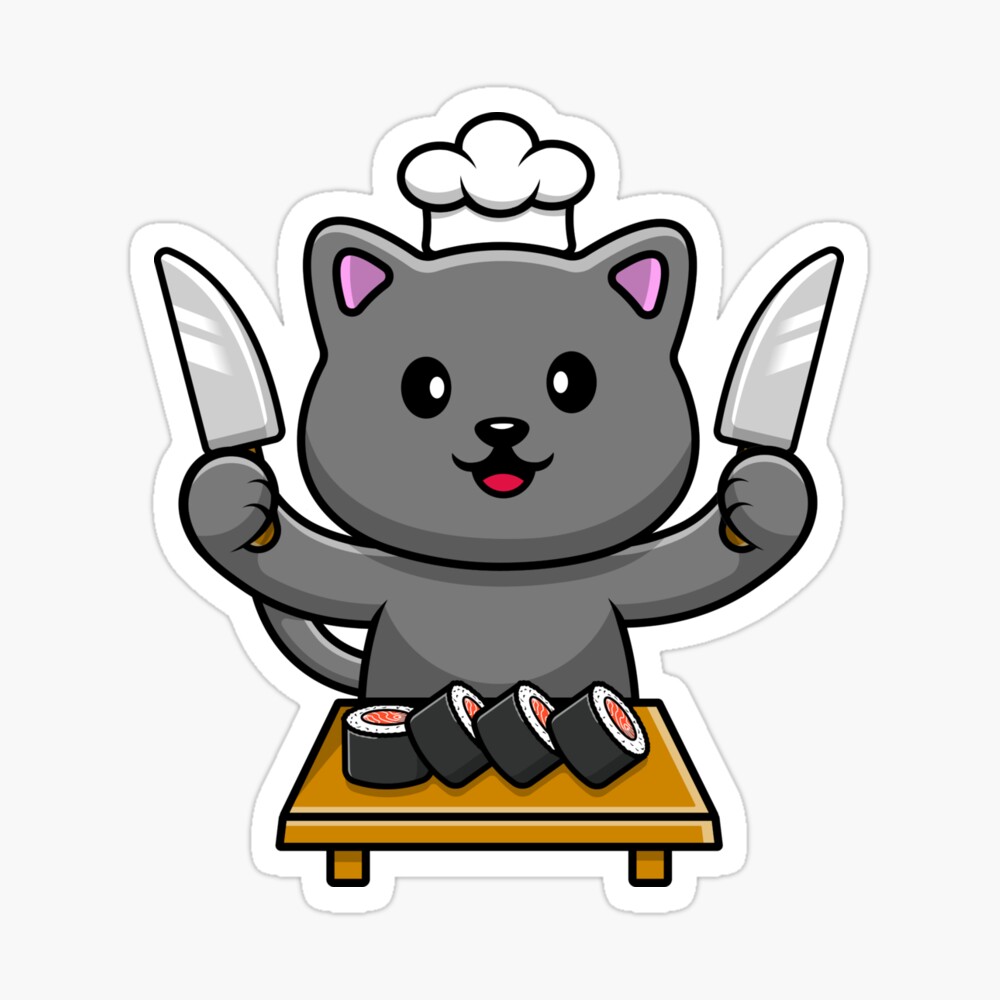 Cute Cat Chef With Sushi And Knife 