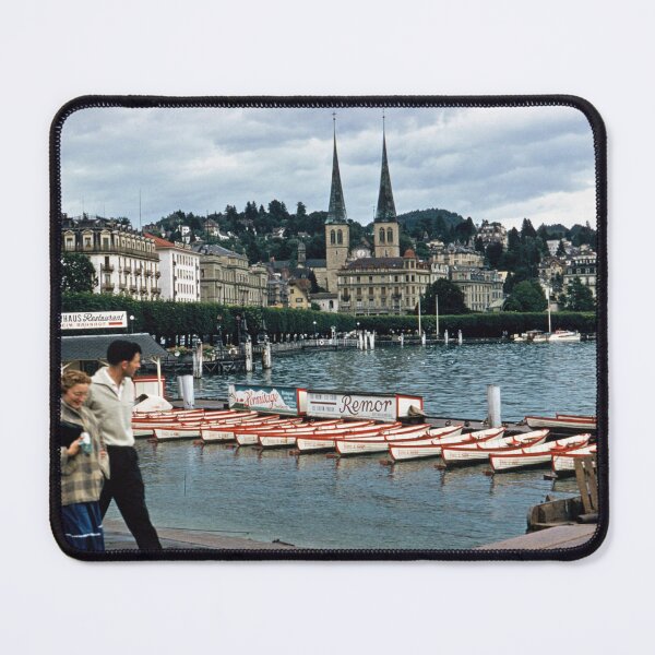 Item preview, 1950s - View of Boats in front of  the Church of St. Leodegar (Hofkirche St. Leodegar), Roman Catholic Church, Lucerne, Switzerland designed and sold by thatwaslife.
