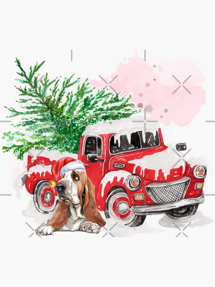 "Basset Hound Christmas Basset Hound With Red Car" Sticker for Sale