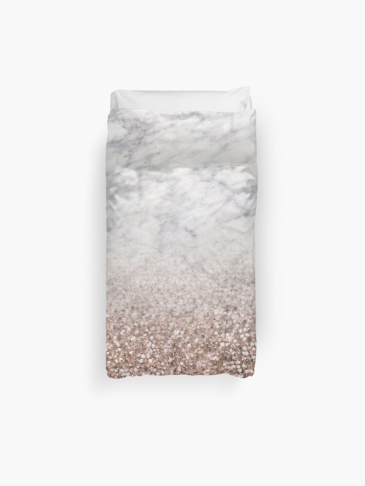 Bold Ombre Rose Gold Glitter White Marble Duvet Cover By