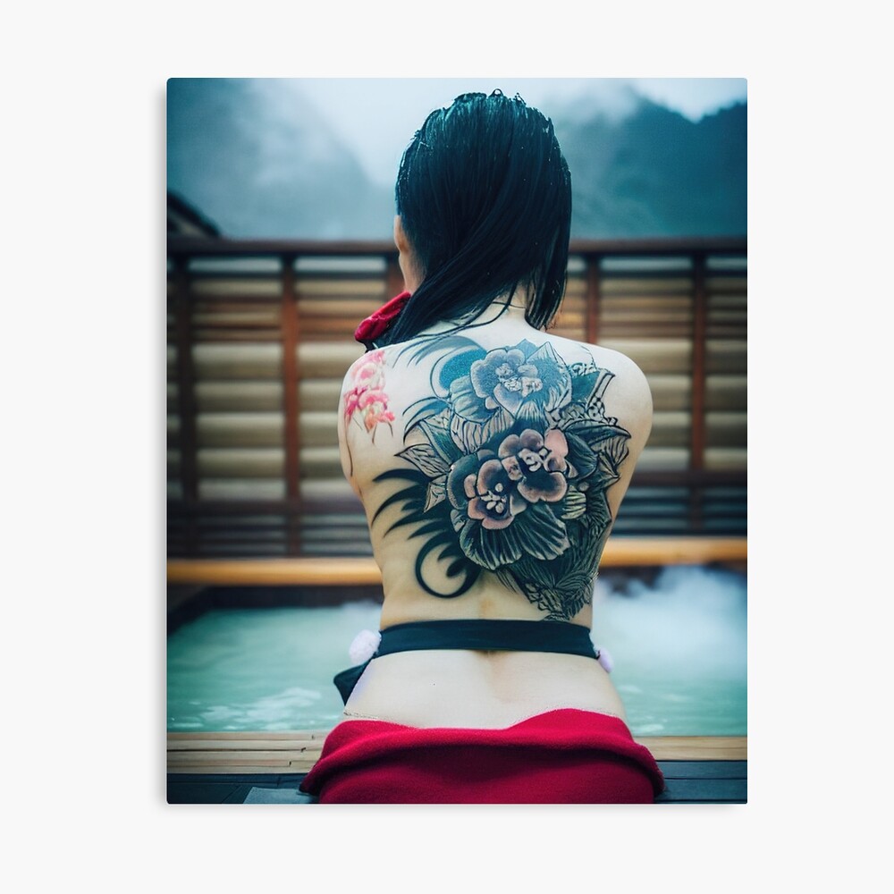 the back of a sitting geisha with yakuza tattoos with