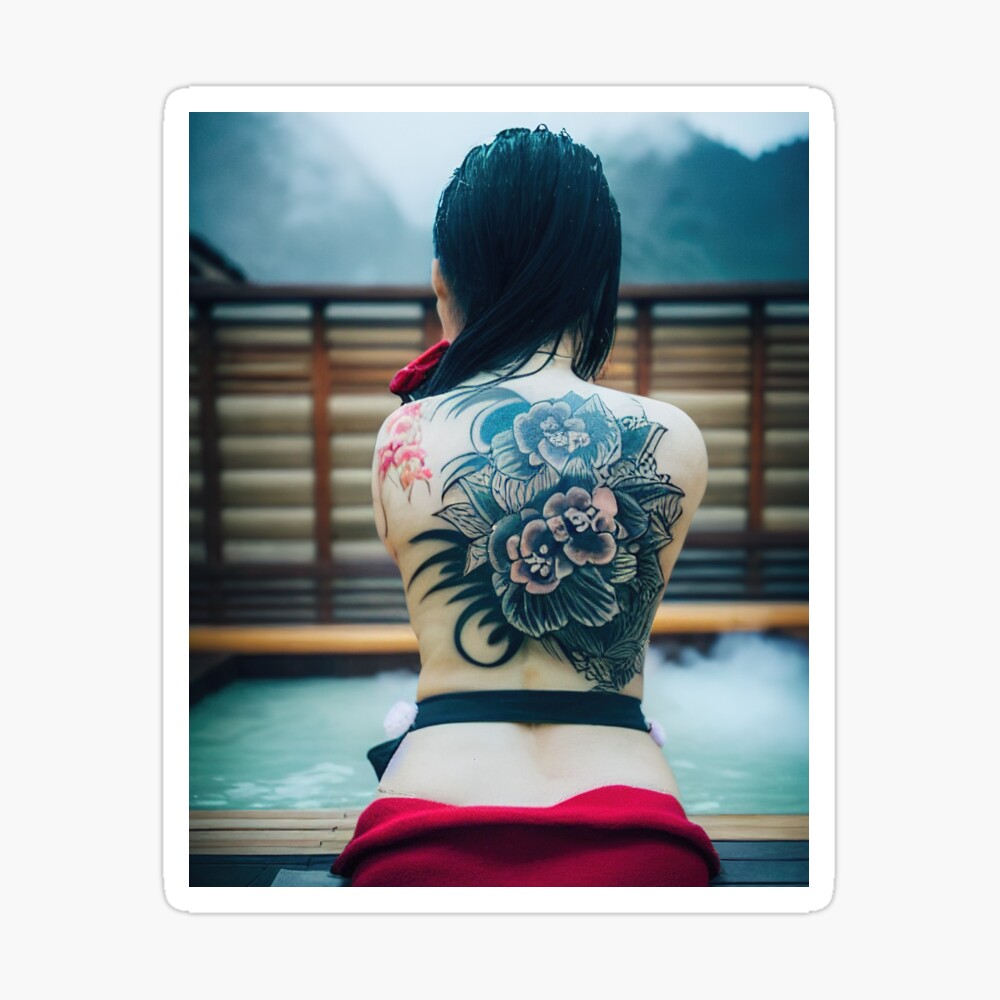 Yakuza girl showing her back tattoo\