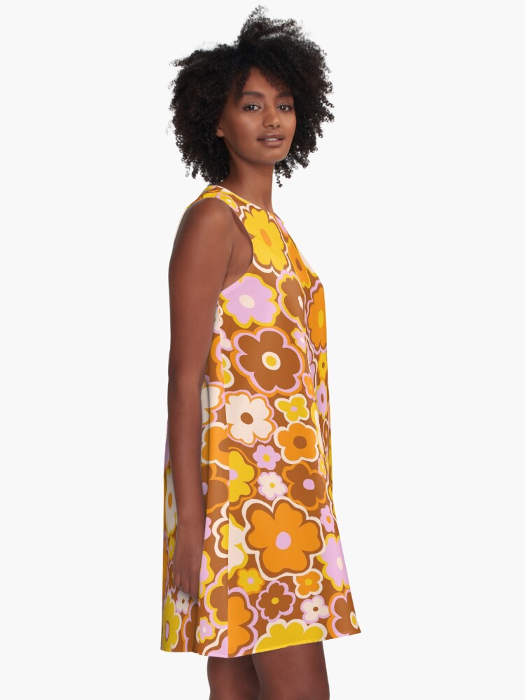 Hippie retro 70s flower pattern in brown yellow and lavender A Line Dress for Sale by Nat Orona Redbubble