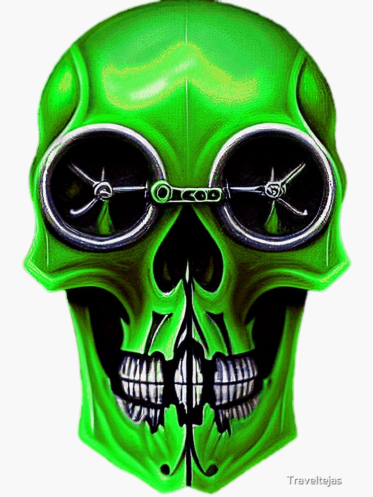 "Steampunk skull with mechanical geared glasses (Green)" Sticker for