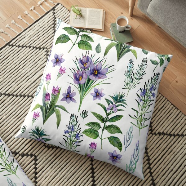Watercolor botanical collection of herbs and spices Floor Pillow